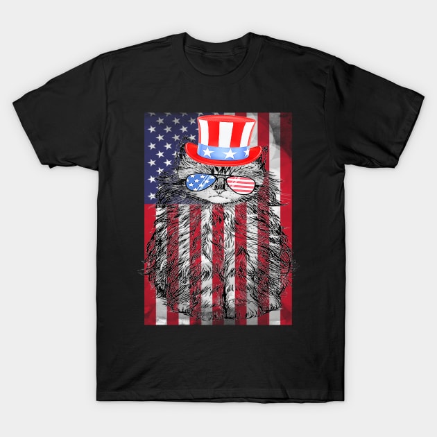 4th Of July Meowica Cat American Flag Glasses T-Shirt by Jannysingle